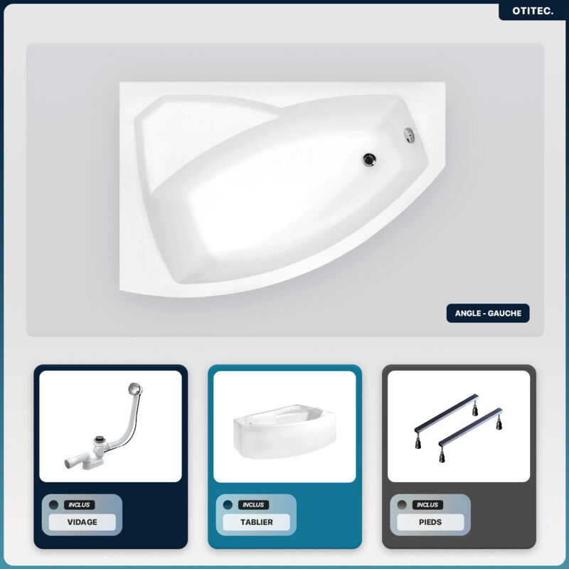 Otitec - Baignoire asymétrique - 130 x 85 cm - Gauche - avec Tablier - Pieds - Vidage Chrome - rima