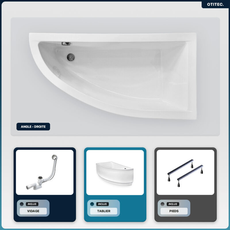 Otitec - Baignoire asymétrique - 140 x 70 cm - Droite - avec Tablier - Pieds - Vidage Chrome - praktika