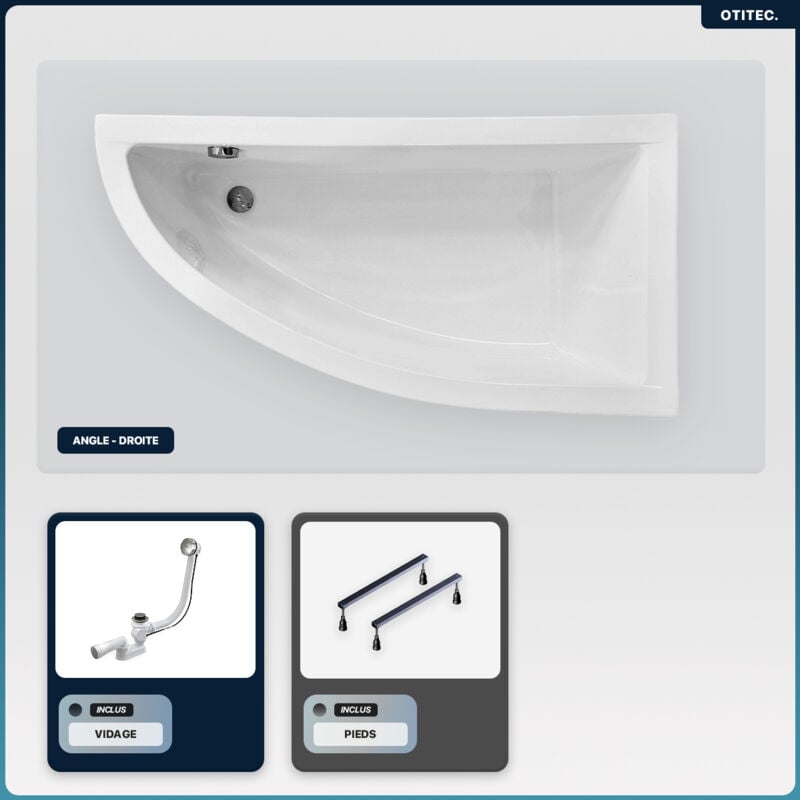 Baignoire asymétrique - 140 x 70 cm - Droite - sans Habillage - avec Pieds - Vidage Chrome - praktika