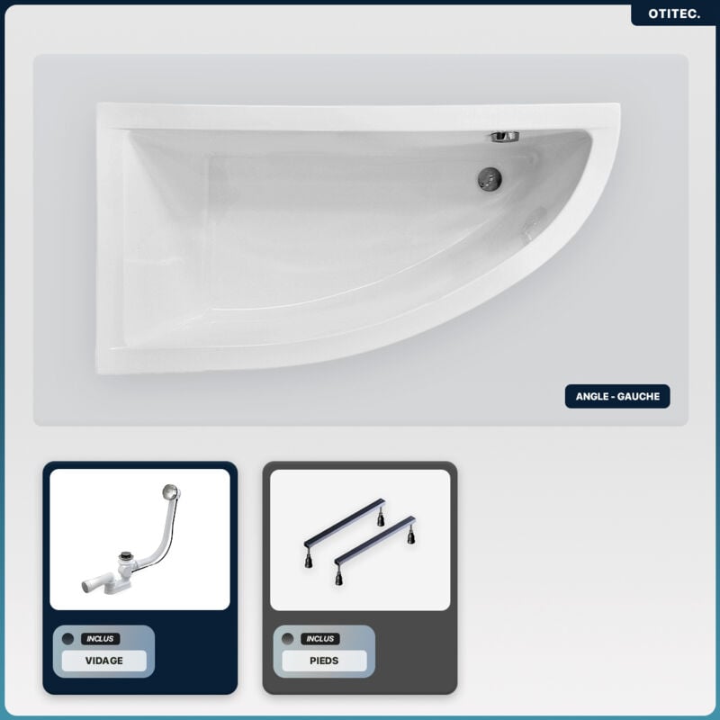 Baignoire asymétrique - 140 x 70 cm - Gauche - sans Habillage - avec Pieds - Vidage Chrome - praktika