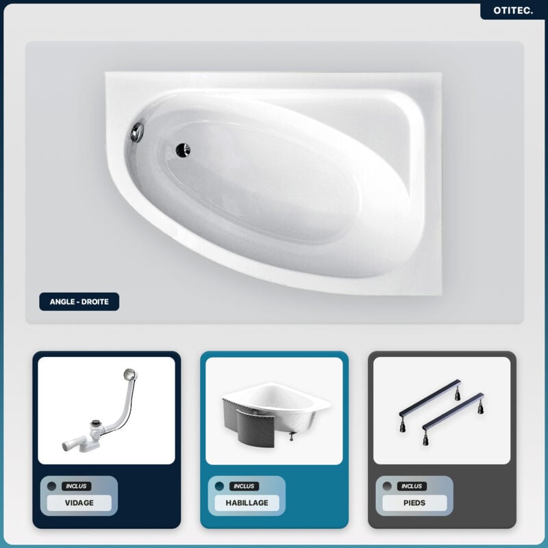 Otitec - Baignoire asymétrique - 140 x 80 cm - Droite - avec Habillage - Pieds - Vidage Chrome - cornea