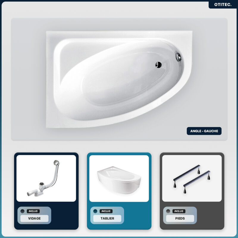 Otitec - Baignoire asymétrique - 140 x 80 cm - Droite - avec Tablier Blanc - Pieds - Vidage Chrome - cornea