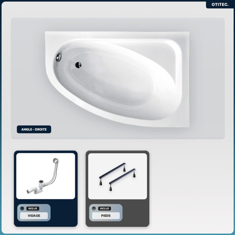 Otitec - Baignoire asymétrique - 140 x 80 cm - Droite - sans Habillage - avec Pieds - Vidage Chrome - cornea