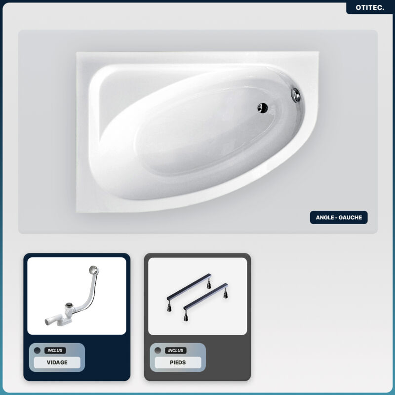Baignoire asymétrique - 140 x 80 cm - Gauche - sans Habillage - avec Pieds - Vidage Chrome - cornea
