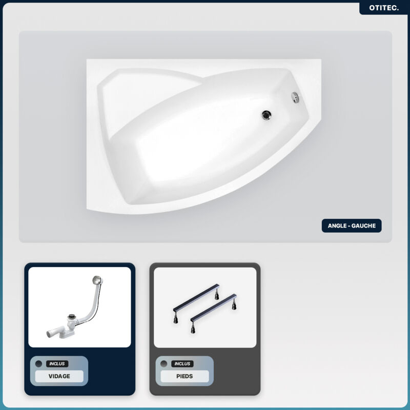 Baignoire asymétrique - 140 x 90 cm - Gauche - sans Habillage - avec Pieds - Vidage Chrome - rima