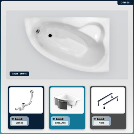 Baignoire asymétrique - 150 x 100 cm - Droite - avec Habillage - Pieds - Vidage Chrome - NATALIA