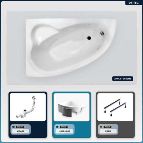 Baignoire asymétrique - 150 x 100 cm - Gauche - avec Habillage - Pieds - Vidage Chrome - NATALIA