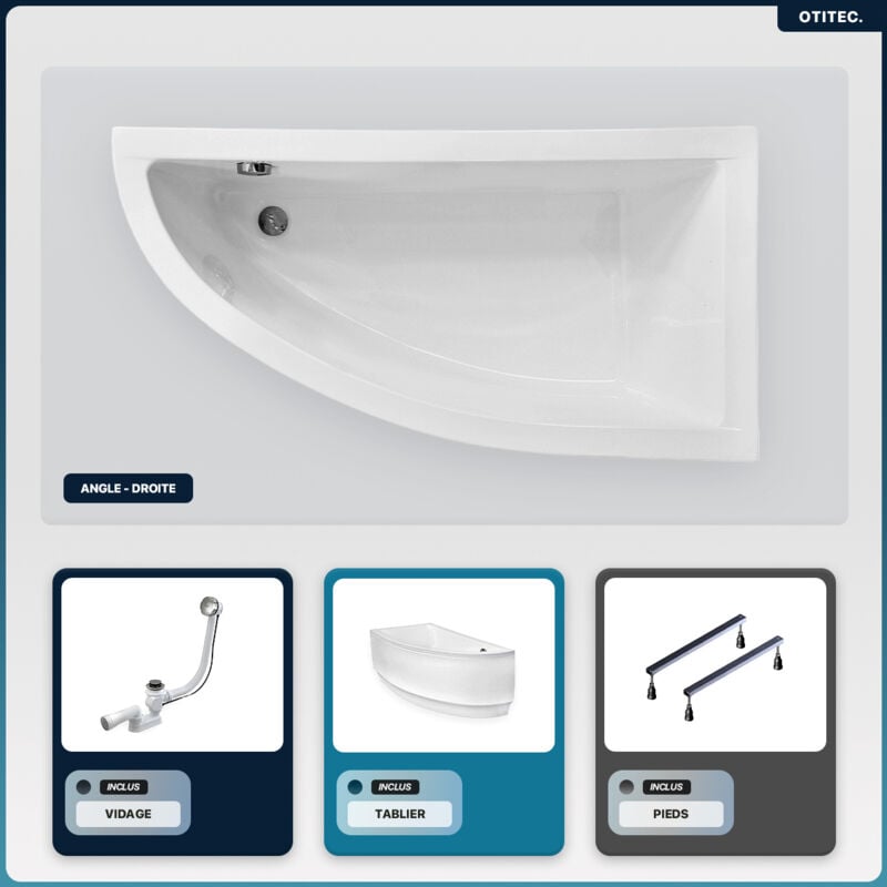 Otitec - Baignoire asymétrique - 150 x 70 cm - Droite - avec Tablier - Pieds - Vidage Chrome - praktika