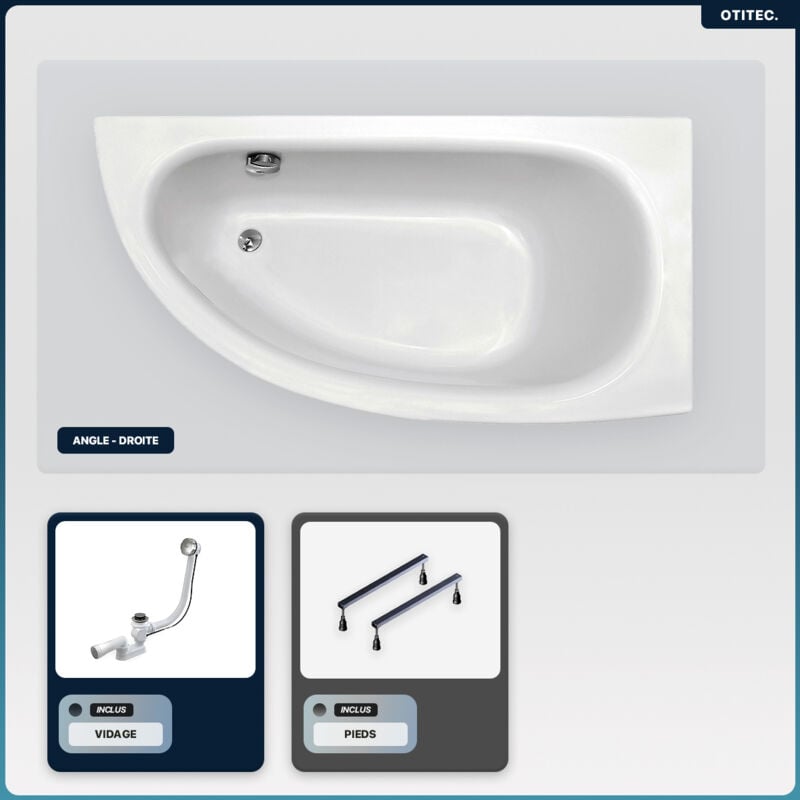 Baignoire asymétrique - 150 x 70 cm - Droite - sans Habillage - avec Pieds - Vidage Chrome - milena