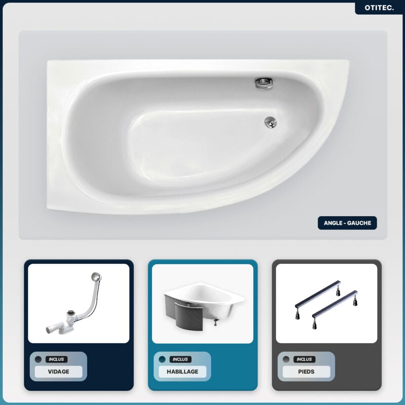 Otitec - Baignoire asymétrique - 150 x 70 cm - Gauche - avec Habillage - Pieds - Vidage Chrome - milena