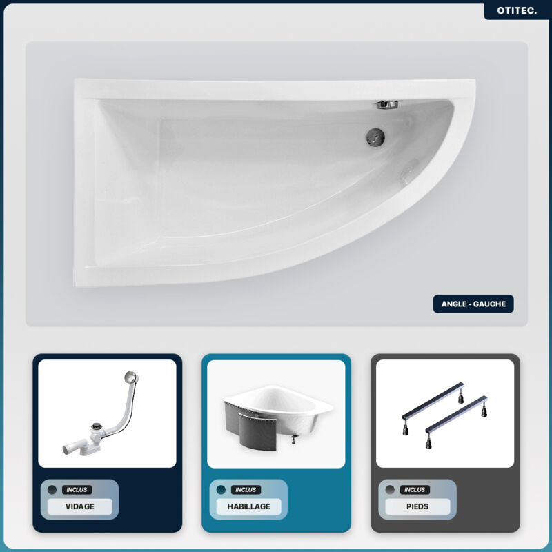 Baignoire asymétrique - 150 x 70 cm - Gauche - avec Habillage - Pieds - Vidage Chrome - praktika