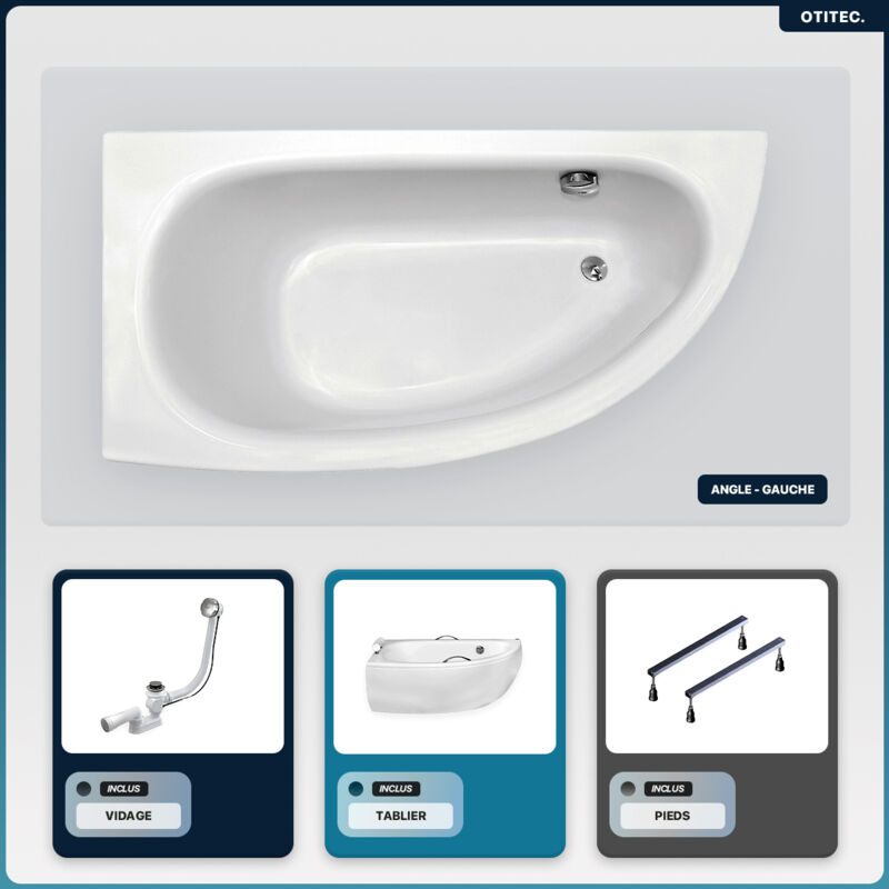 Otitec - Baignoire asymétrique - 150 x 70 cm - Gauche - avec Tablier - Pieds - Vidage Chrome - milena