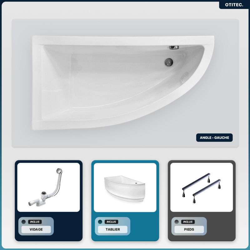 Otitec - Baignoire asymétrique - 150 x 70 cm - Gauche - avec Tablier - Pieds - Vidage Chrome - praktika