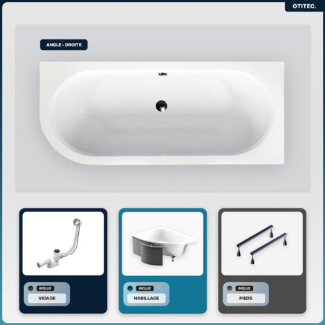 Baignoire asymétrique - 150 x 75 cm - Droite - avec Habillage - Pieds - Vidage Chrome - AVITA SLIM