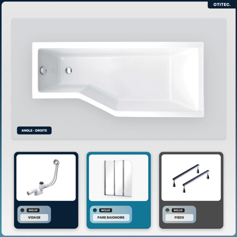 Otitec - Baignoire asymétrique - 150 x 75 cm - Droite - sans Habillage - avec Pieds - Pare Baignoire 3 Volets - Vidage Chrome - integra