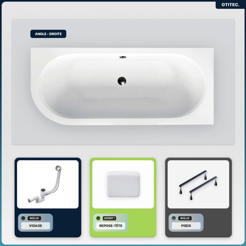 Baignoire asymétrique - 150 x 75 cm - Droite - sans Habillage - avec Pieds - Repose-tête - Vidage Chrome - avita