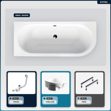 Baignoire asymétrique - 150 x 75 cm - Gauche - avec Habillage - Pieds - Vidage Chrome - AVITA