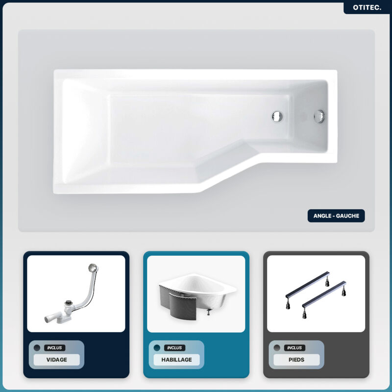 Otitec - Baignoire asymétrique - 150 x 75 cm - Gauche - avec Habillage - Pieds - Vidage Chrome - integra