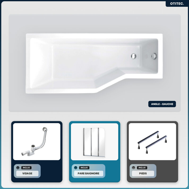 Otitec - Baignoire asymétrique - 150 x 75 cm - Gauche - sans Habillage - avec Pieds - Pare Baignoire 3 Volets - Vidage Chrome - integra