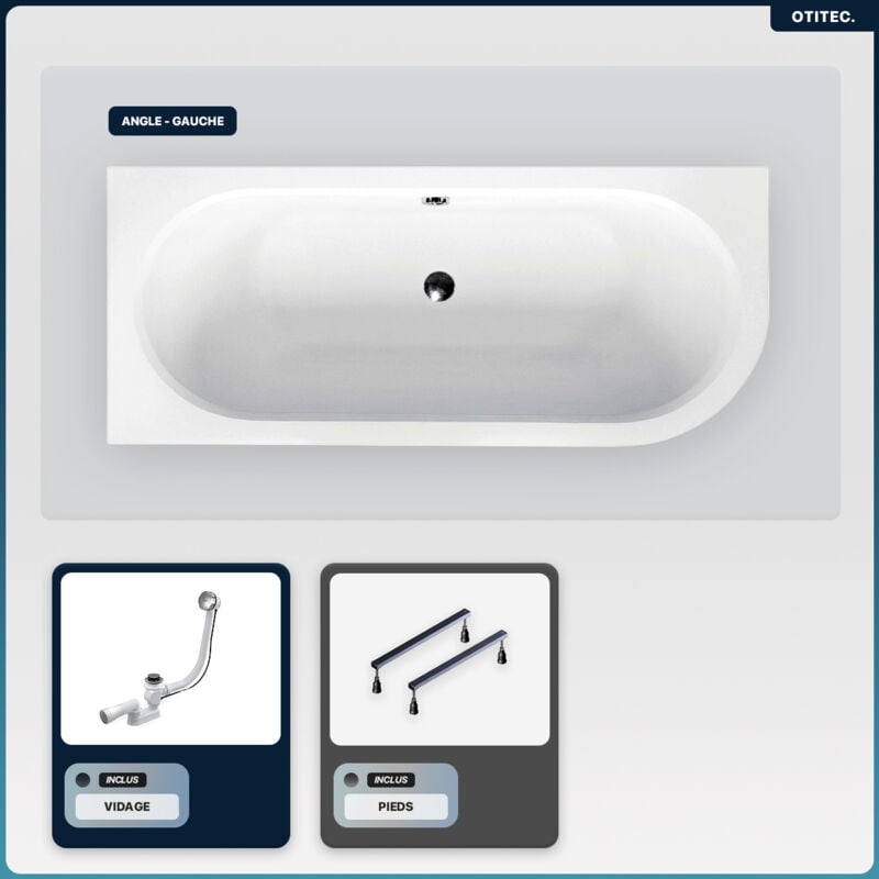 Baignoire asymétrique - 150 x 75 cm - Gauche - sans Habillage - avec Pieds - Vidage Chrome - AVITA SLIM