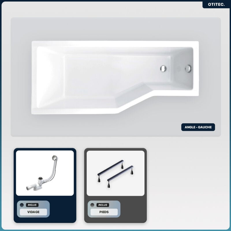 Baignoire asymétrique - 150 x 75 cm - Gauche - sans Habillage - avec Pieds - Vidage Chrome - integra