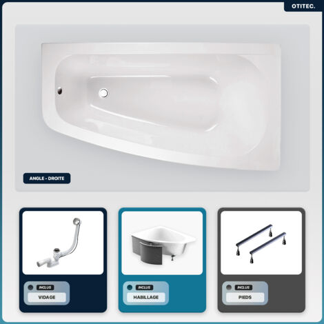 Baignoire asymétrique - 150 x 80 cm - Droite - avec Habillage - Pieds - Vidage Chrome - LUNA