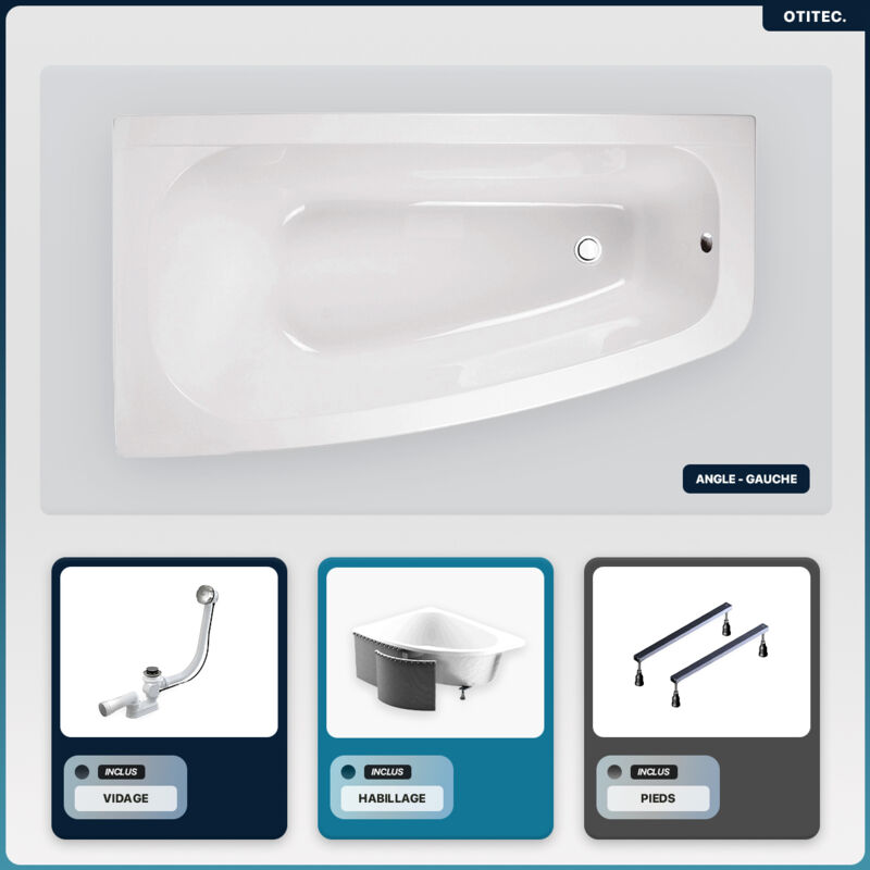 Otitec - Baignoire asymétrique - 150 x 80 cm - Gauche - avec Habillage - Pieds - Vidage Chrome - luna