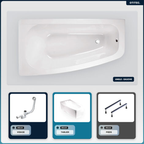 Baignoire asymétrique - 150 x 80 cm - Gauche - avec Tablier - Pieds - Vidage Chrome - LUNA