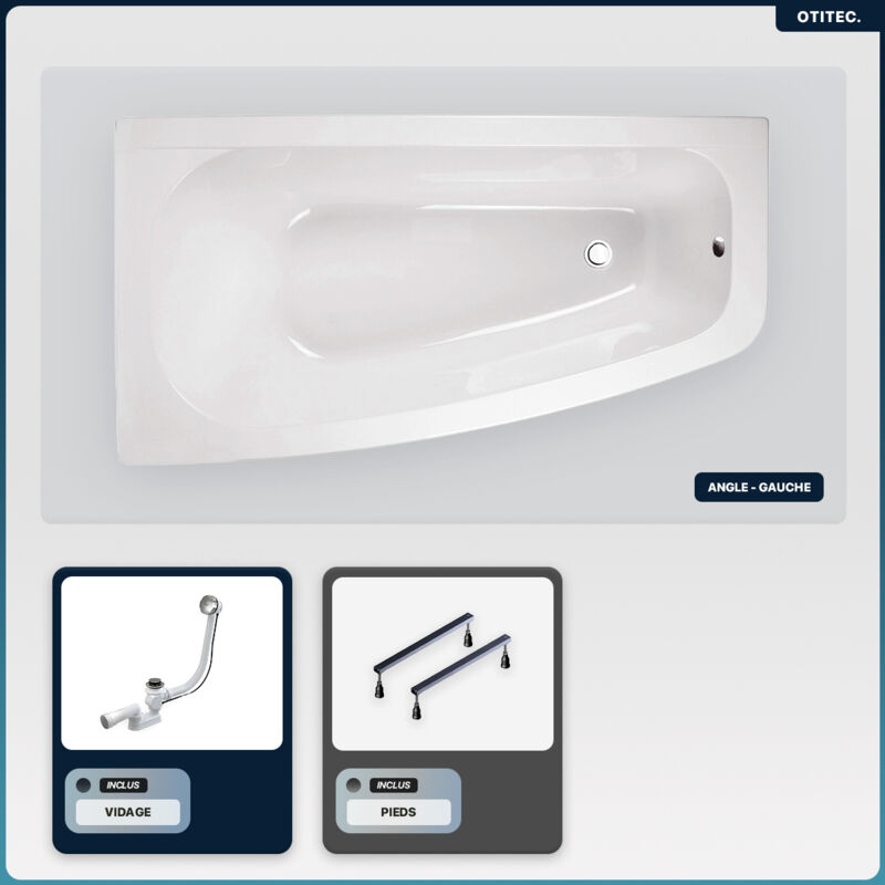 Baignoire asymétrique - 150 x 80 cm - Gauche - sans Habillage - avec Pieds - Vidage Chrome - luna