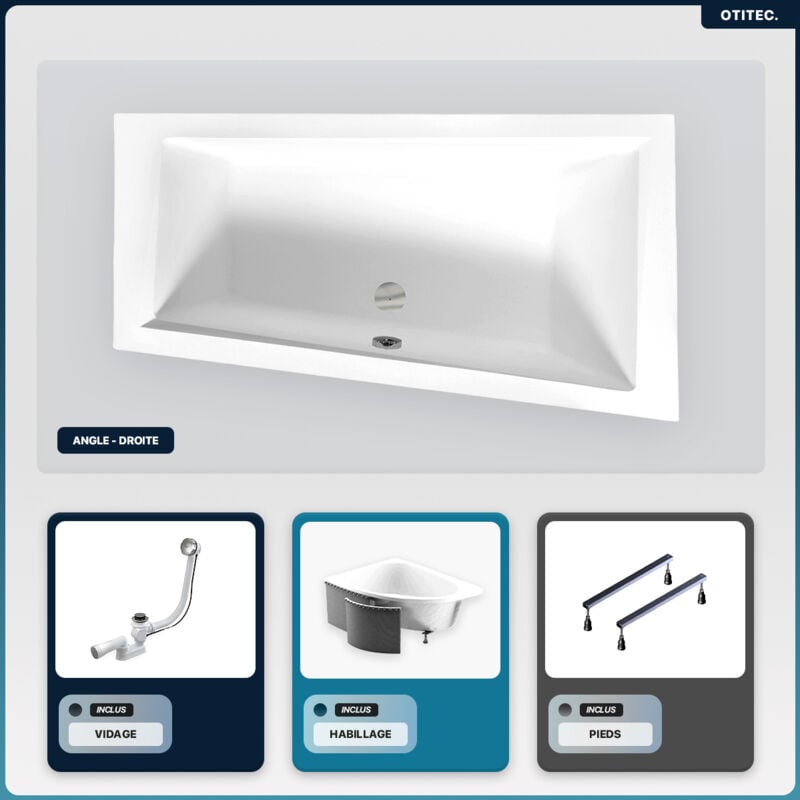 Otitec - Baignoire asymétrique - 150 x 85 cm - Droite - avec Habillage - Pieds - Vidage Chrome - intima slim