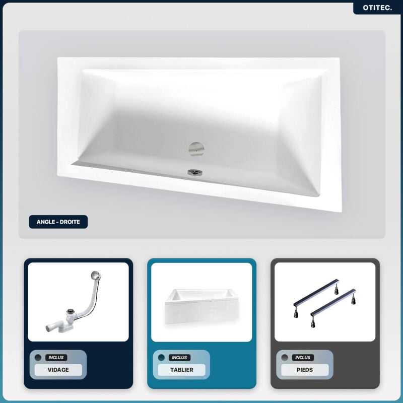 Otitec - Baignoire asymétrique - 150 x 85 cm - Droite - avec Tablier - Pieds - Vidage Chrome - intima