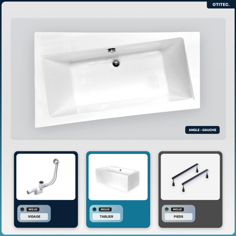 Otitec - Baignoire asymétrique - 150 x 90 cm - Gauche - avec Tablier Blanc - Pieds - Vidage Chrome - infinity