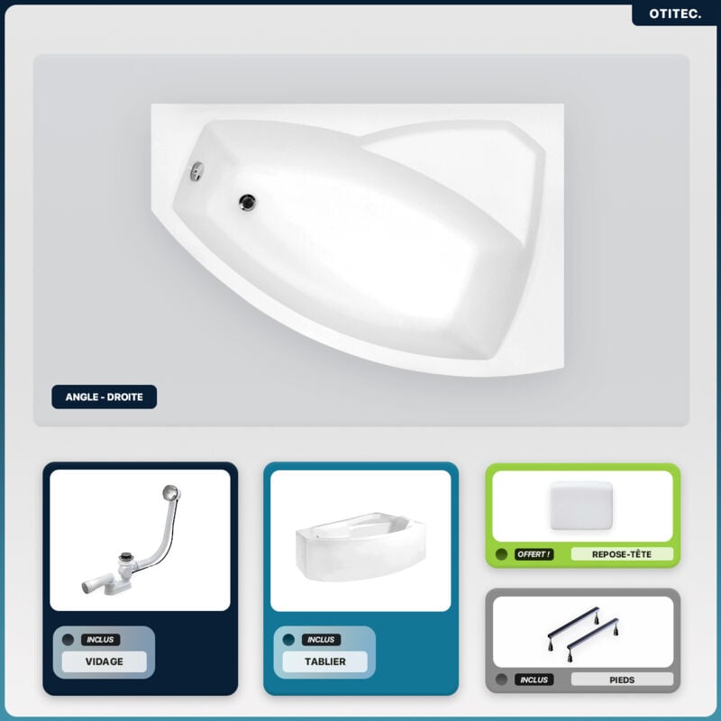 Otitec - Baignoire asymétrique - 150 x 95 cm - Droite - avec Tablier - Pieds - Repose-tête - Vidage Chrome - rima