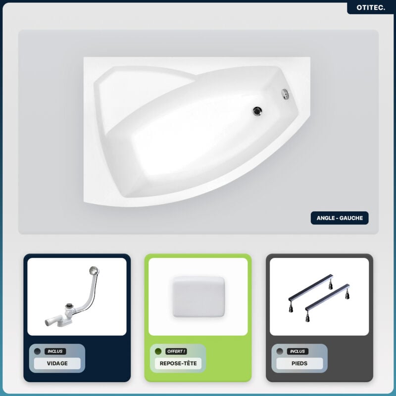 Baignoire asymétrique - 150 x 95 cm - Gauche - sans Habillage - avec Pieds - Repose-tête - Vidage Chrome - rima