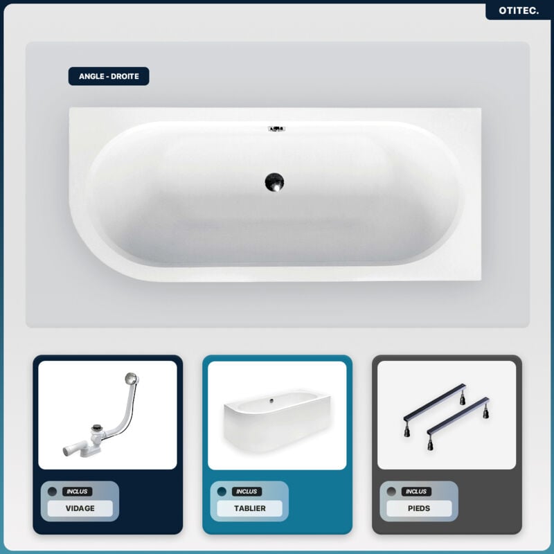 Otitec - Baignoire asymétrique - 160 x 75 cm - Droite - avec Tablier Blanc - Pieds - Vidage Chrome - avita