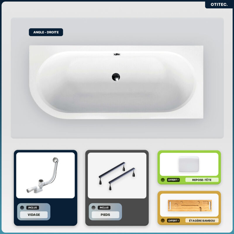 Baignoire asymétrique - 160 x 75 cm - Droite - sans Habillage - avec Pieds - Repose-tête - Étagère bambou - Vidage Chrome - AVITA