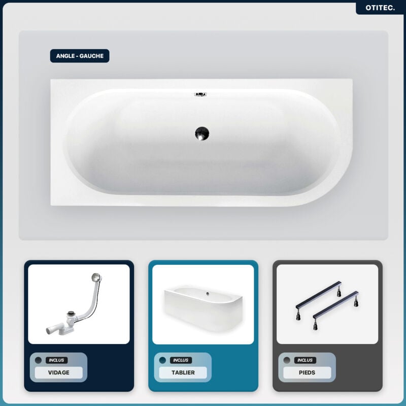 Otitec - Baignoire asymétrique - 160 x 75 cm - Gauche - avec Tablier Blanc - Pieds - Vidage Chrome - avita