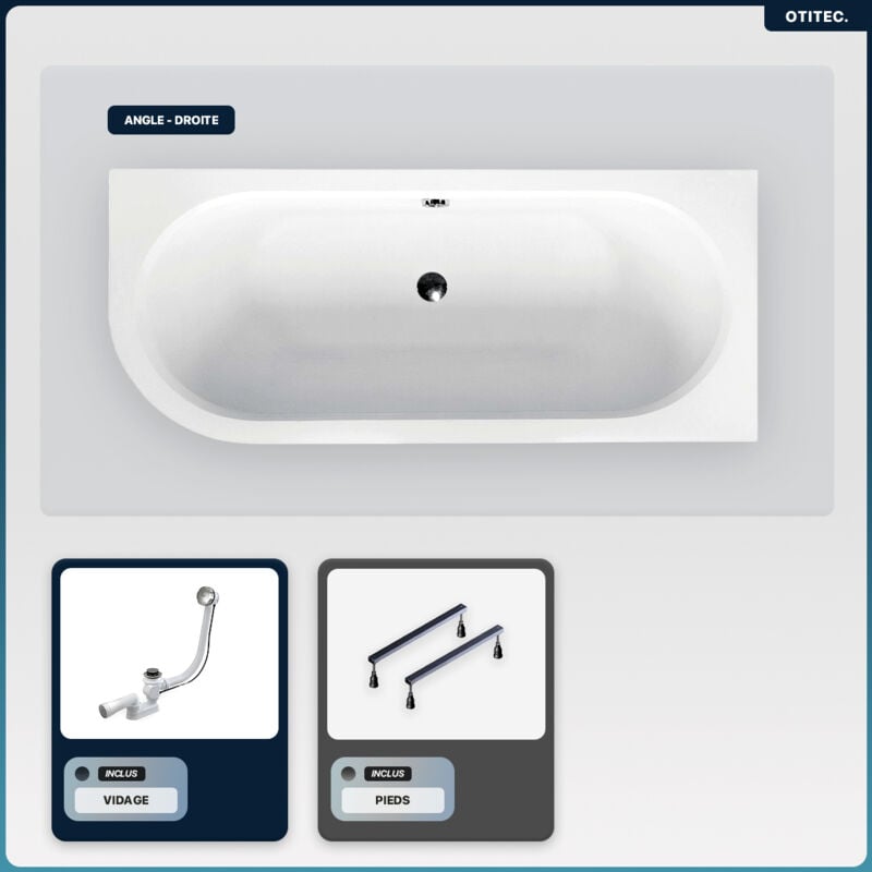 Baignoire asymétrique - 160 x 75 cm - Gauche - sans Habillage - avec Pieds - Vidage Chrome - avita