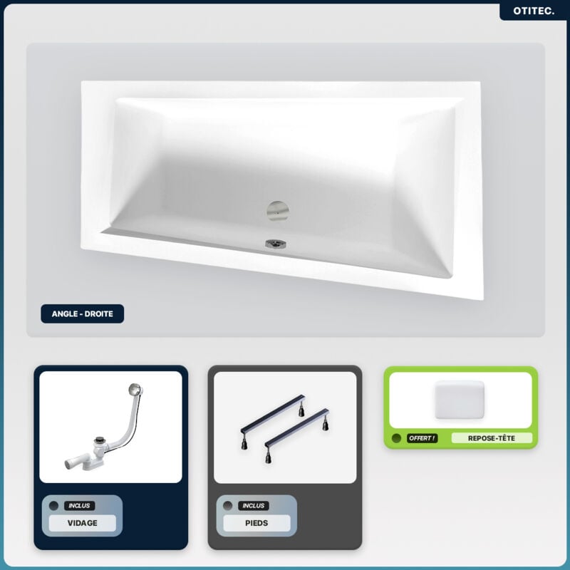 Otitec - Baignoire asymétrique - 160 x 90 cm - Droite - sans Habillage - avec Pieds - Repose-tête - Vidage Chrome - intima