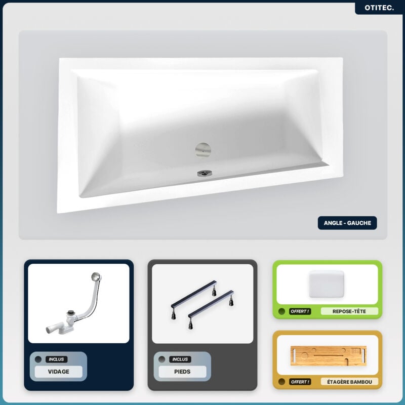 Otitec - Baignoire asymétrique - 160 x 90 cm - Gauche - sans Habillage - avec Pieds - Repose-tête - Étagère bambou - Vidage Chrome - intima