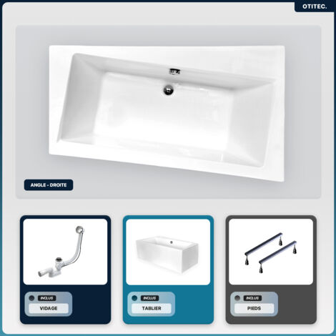 Baignoire asymétrique - 170 x 110 cm - Droite - avec Tablier Blanc - Pieds - Vidage Chrome - INFINITY