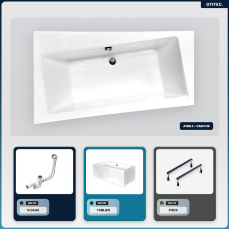 Baignoire asymétrique - 170 x 110 cm - Gauche - avec Tablier Blanc - Pieds - Vidage Chrome - INFINITY