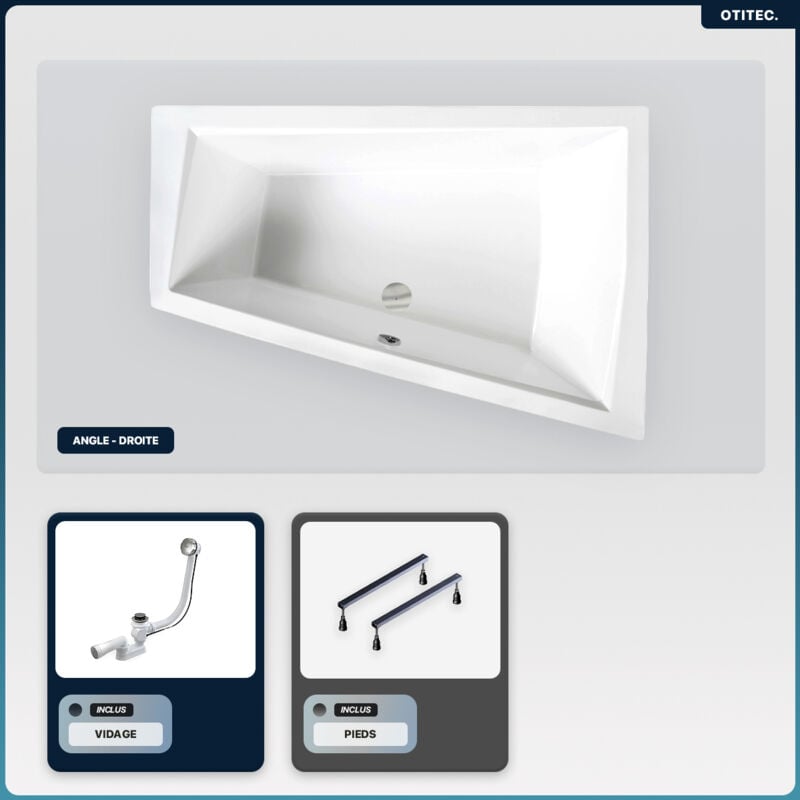 Otitec - Baignoire asymétrique - 170 x 125 cm - Droite - sans Habillage - avec Pieds - Vidage Chrome - intima duo