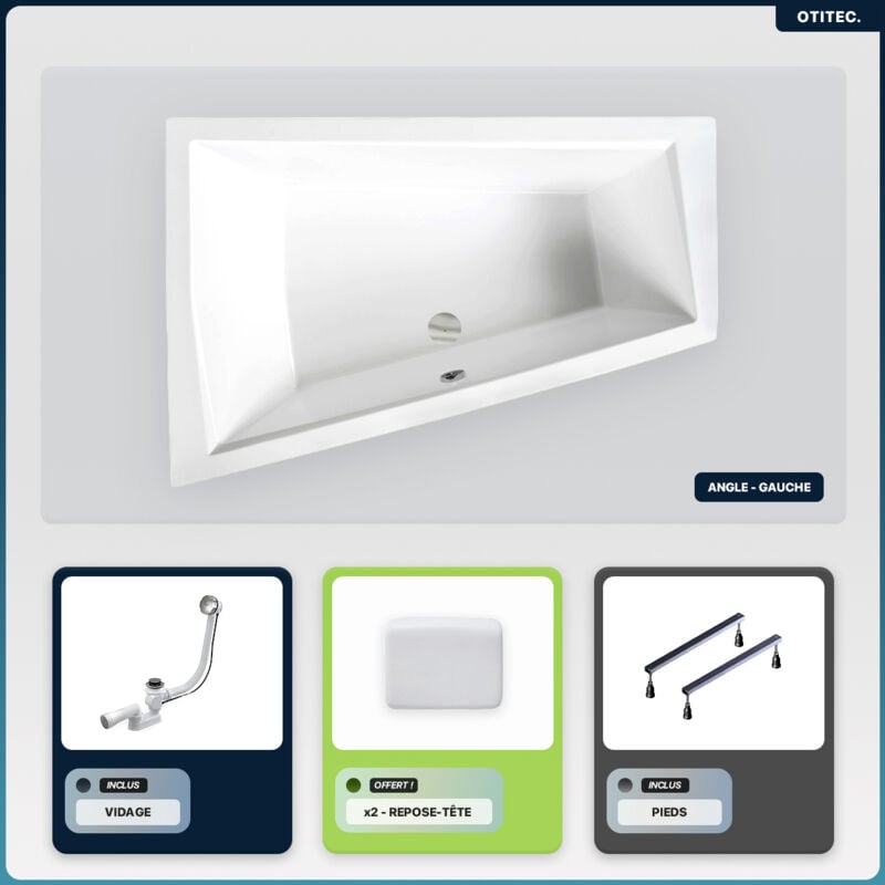 Otitec - Baignoire asymétrique - 170 x 125 cm - Gauche - sans Habillage - avec Pieds - 2 Repose-têtes - Vidage Chrome - intima duo