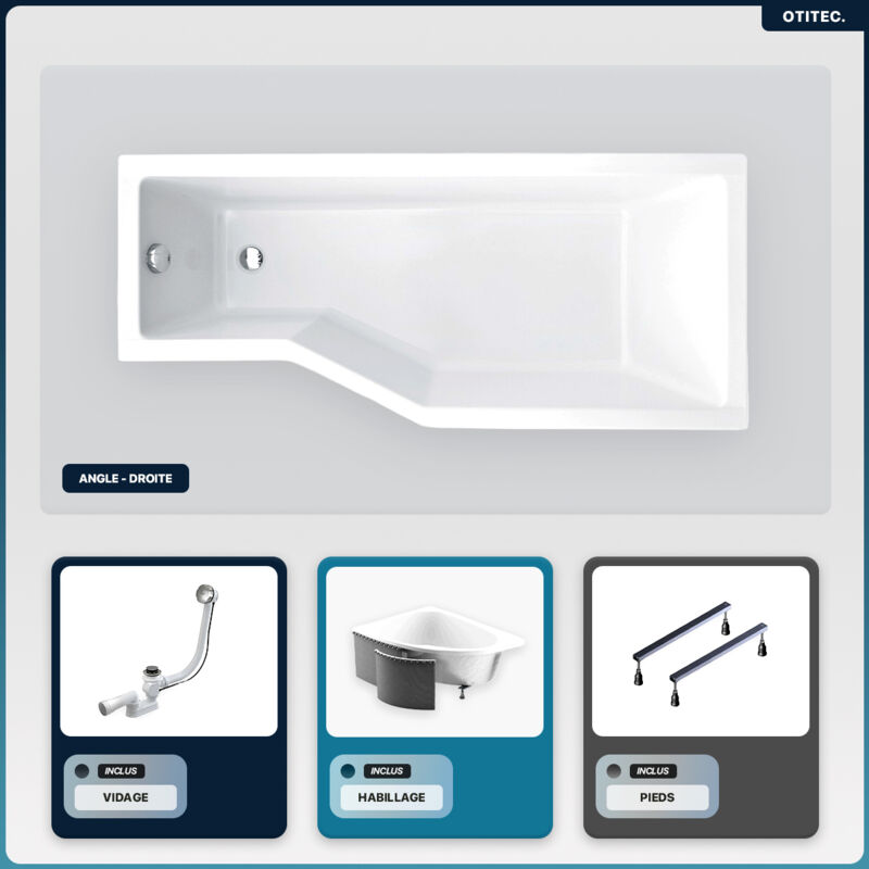 Otitec - Baignoire asymétrique - 170 x 75 cm - Droite - avec Habillage - Pieds - Vidage Chrome - integra