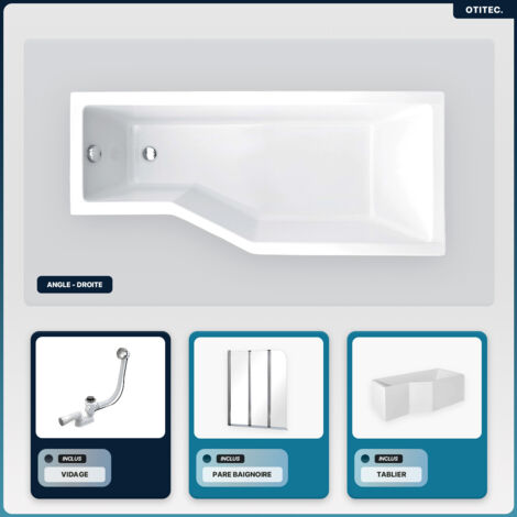 Baignoire asymétrique - 170 x 75 cm - Droite - avec Tablier - Pieds - Pare Baignoire 3 Volets - Vidage Chrome - INTEGRA
