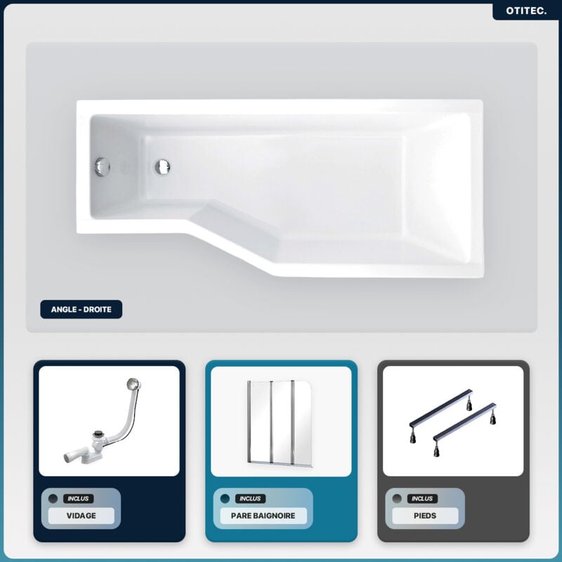 Otitec - Baignoire asymétrique - 170 x 75 cm - Droite - sans Habillage - avec Pieds - Pare Baignoire 3 Volets - Vidage Chrome - integra