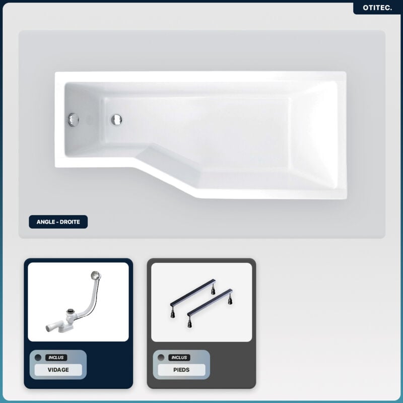 Otitec - Baignoire asymétrique - 170 x 75 cm - Droite - sans Habillage - avec Pieds - Vidage Chrome - integra