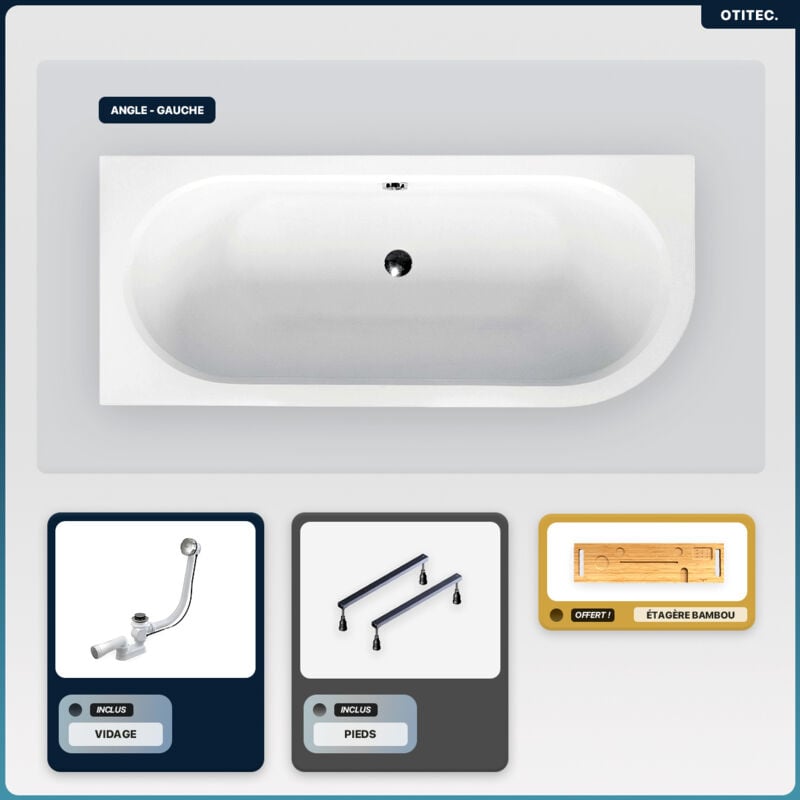 Baignoire asymétrique - 170 x 75 cm - Gauche - sans Habillage - avec Pieds - Étagère bambou - Vidage Chrome - avita