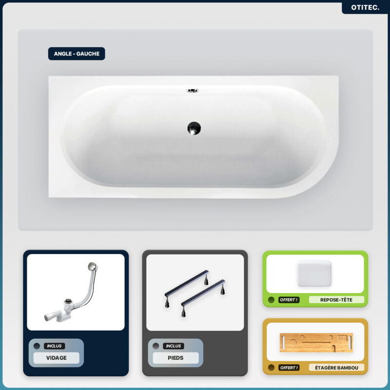 Baignoire asymétrique - 170 x 75 cm - Gauche - sans Habillage - avec Pieds - Repose-tête - Étagère bambou - Vidage Chrome - AVITA
